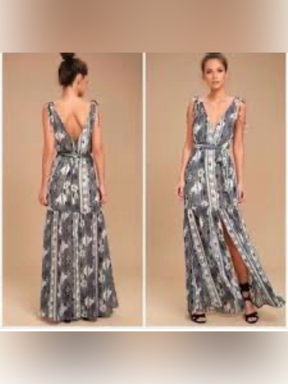 Lulu's Gray Bohemian Aztec Printed V-Neck Maxi Dress with Front Slit size large